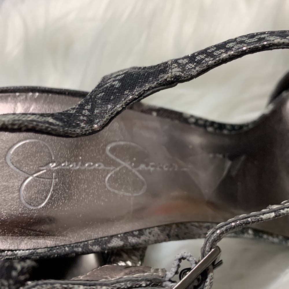 Jessica Simpson Casa Pumps Dark Pewter Stamped Metallic Snake Bow Platform Heels - Picture 4 of 14